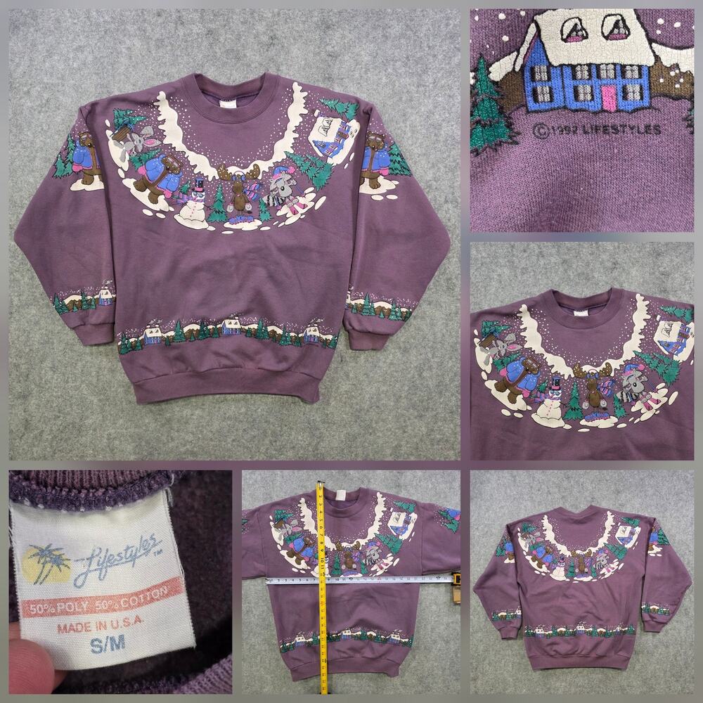 VTG Christmas Sweatshirt Womens S/M Winter Animal Graphic Lifestyles 90s Holiday